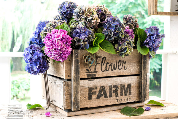 Flower Farm Tours on a DIY rustic crate, created with a variation of Funky Junk's Old Sign Stencils