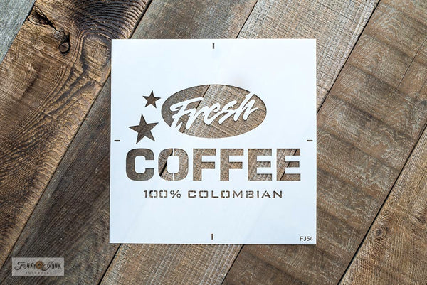 The Fresh Coffee stencil by Funky Junk's Old Sign Stencils celebrates our favorite beverage! Styled as a logo, this coffee stencil design looks fabulous stenciled as a crate stamp, sign, on pillow covers and fits perfectly on most smaller scaled projects.