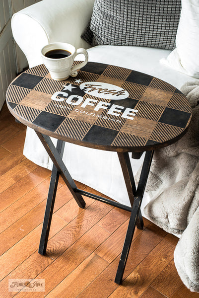 The Fresh Coffee stencil by Funky Junk's Old Sign Stencils celebrates our favorite beverage! Styled as a logo, this coffee stencil design looks fabulous stenciled as a crate stamp, sign, on pillow covers and fits perfectly on most smaller scaled projects.