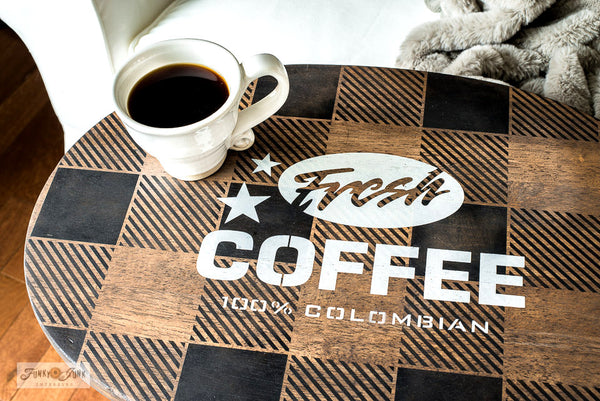 The Fresh Coffee stencil by Funky Junk's Old Sign Stencils celebrates our favorite beverage! Styled as a logo, this coffee stencil design looks fabulous stenciled as a crate stamp, sign, on pillow covers and fits perfectly on most smaller scaled projects.