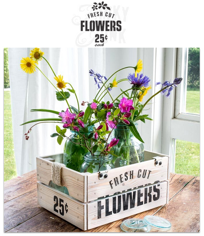 Fresh Cut Flowers 25 cents stencil by Funky Junk's Old Sign Stencils is a 1-piece flower stencil that celebrates displaying fresh cut flowers! Designed with subtext, bold FLOWERS, 25 cents, and flowers with leaves graphics. Designed to fit on small (IKEA) crates, create small signs, throw pillow designs and more!