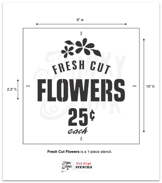 Fresh Cut Flowers 25 cents stencil by Funky Junk's Old Sign Stencils is a 1-piece flower stencil that celebrates displaying fresh cut flowers! Designed with subtext, bold FLOWERS, 25 cents, and flowers with leaves graphics. Designed to fit on small (IKEA) crates, create small signs, throw pillow designs and more!