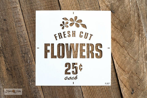 Fresh Cut Flowers 25 cents stencil by Funky Junk's Old Sign Stencils is a 1-piece flower stencil that celebrates displaying fresh cut flowers! Designed with subtext, bold FLOWERS, 25 cents, and flowers with leaves graphics. Designed to fit on small (IKEA) crates, create small signs, throw pillow designs and more! 