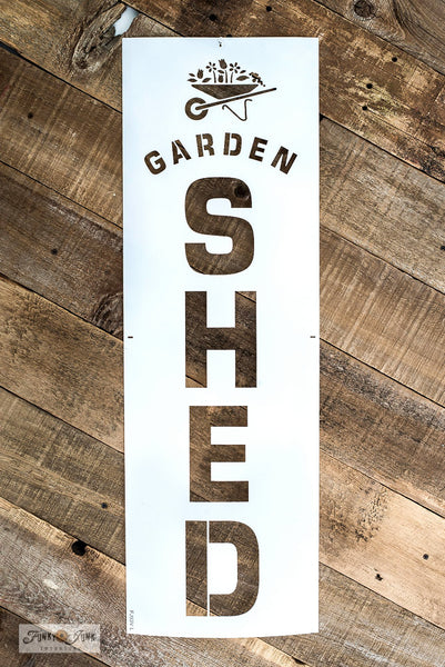 Garden Shed stencils by Funky Junk's Old Sign Stencils helps create a garden sign that will turn a plain garden shed into a beautiful backyard feature! 3 options of square or vertical signs, designed with bold text and a whimsical wheelbarrow filled with overflowing flowers for that perfect decorative garden touch!