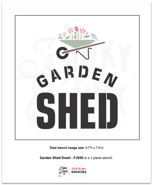 Garden Shed stencils by Funky Junk's Old Sign Stencils helps create a garden sign that will turn a plain garden shed into a beautiful backyard feature! 3 options of square or vertical signs, designed with bold text and a whimsical wheelbarrow filled with overflowing flowers for that perfect decorative garden touch!