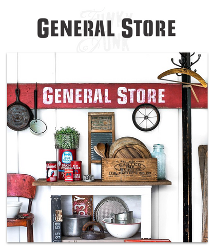 General Store by Funky Junk's Old Sign Stencils is a bold, timeless stencil that helps you design your own version of an antique store sign. Inspired by the thrill of the hunt in a store that has a little bit of everything, from farm supplies, sundries, gardening supplies, antiques and of course the best candy in town!
