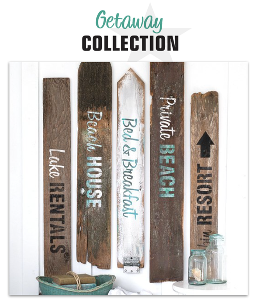 Getaway Collection are summer themed stencils. Lake Rentals, Beach House, Bed & Breakfast, Private Beach and Cabin Resort. By Funky Junk's Old Sign Stencils.