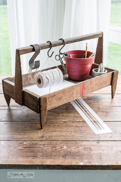 A rustic crate office tote with stenciled grain sack stripes, using Funky Junk's Old Sign Stencils