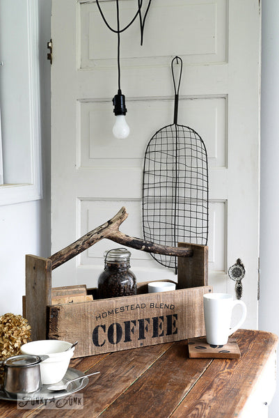 Homestead Blend Coffee - Served Here by Funky Junk's Old Sign Stencils is a 1-piece coffee-themed stencil that offers visions of your favorite coffee shop! Designed with bold coffee letters, subtext, and a steaming mug graphic. This coffee stencil is perfect for stenciling on crates, pillows, tv trays, signs and more!