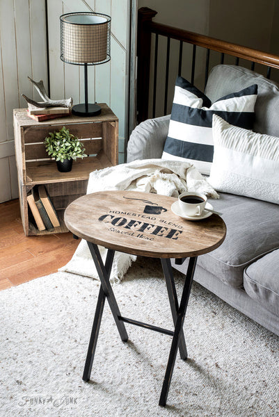 Homestead Blend Coffee - Served Here by Funky Junk's Old Sign Stencils is a 1-piece coffee-themed stencil that offers visions of your favorite coffee shop! Designed with bold coffee letters, subtext, and a steaming mug graphic. This coffee stencil is perfect for stenciling on crates, pillows, tv trays, signs and more!