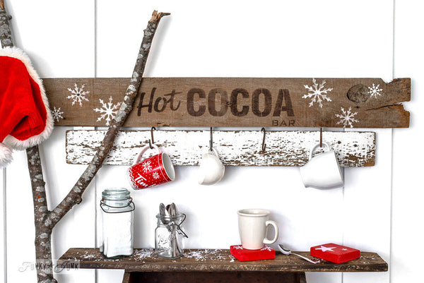 Winter Graphics added to a Hot Cocoa sign made with Funky Junk's Old Sign Stencils. Paint professional looking winter themed designs consisting of 3 sizes of snowflakes, hot cocoa, 2 arrows, and 25 cents this stencil! All designs on one sheet.
