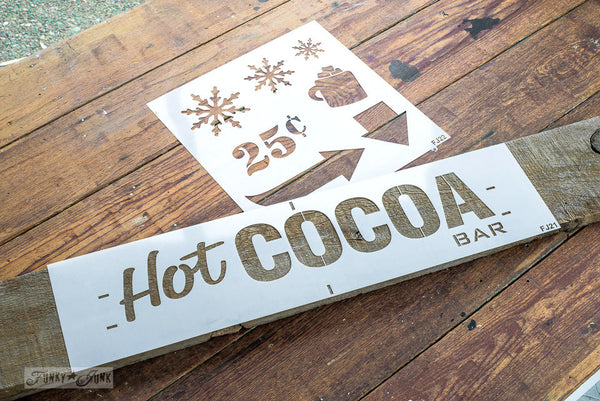 Winter Graphics added to a Hot Cocoa sign made with Funky Junk's Old Sign Stencils. Paint professional looking winter themed designs consisting of 3 sizes of snowflakes, hot cocoa, 2 arrows, and 25 cents this stencil! All designs on one sheet.