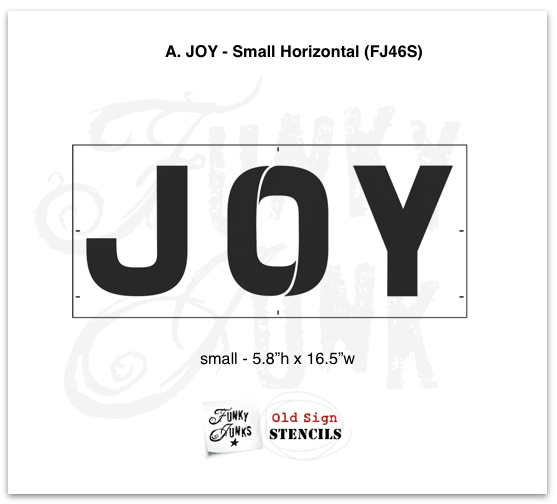 Joy - Small is a festive Christmas sign stencil design bursting with loads of creative mix & match options! Use Joy by itself in horizontal or vertical formats, with the option to replace the O in Joy with Accessories, that include 2 snowflakes, ornament, hook, ribbon, and to the world text.