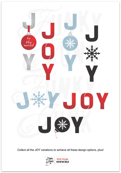 Joy - Small is a festive Christmas sign stencil design bursting with loads of creative mix & match options! Use Joy by itself in horizontal or vertical formats, with the option to replace the O in Joy with Accessories, that include 2 snowflakes, ornament, hook, ribbon, and to the world text.