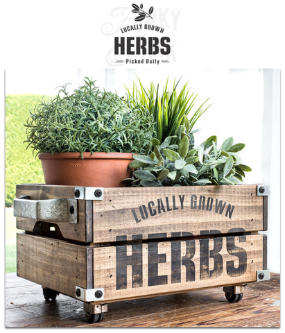 Locally Grown Herbs garden stencil by Funky Junk's Old Sign Stencils celebrates all things garden, sign, crate or grain sack style! Big, bold timeless letters with decorative herb leaf graphics to complete your garden loving story. This stencil is compact for smaller garden projects.