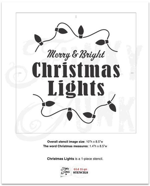 Merry & Bright Christmas Lights stencil by Funky Junk's Old Sign Stencils is a festive Christmas stencil that's all about the illuminated magic of Christmas! Bold graphics are tucked inside 2 curvy strings of vintage Christmas tree lights curving above and below the text. Sized for a Christmas pillow or tree crate.