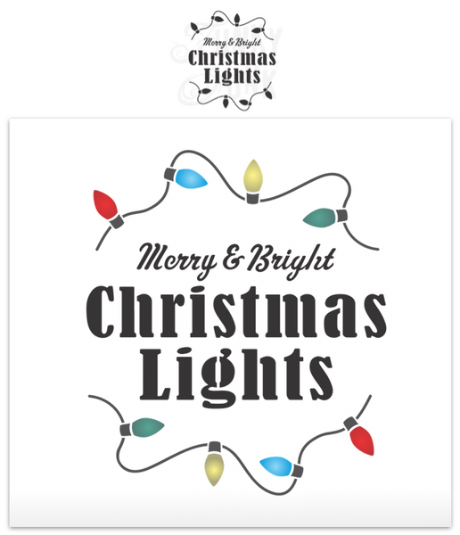 Merry & Bright Christmas Lights stencil by Funky Junk's Old Sign Stencils is a festive Christmas stencil that's all about the illuminated magic of Christmas! Bold graphics are tucked inside 2 curvy strings of vintage Christmas tree lights curving above and below the text. Sized for a Christmas pillow or tree crate.