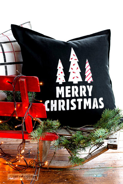 Festive coordinated pillow designs with Merry Christmas and Plaid Shirt \ stencils by Funky Junk's Old Sign Stencils