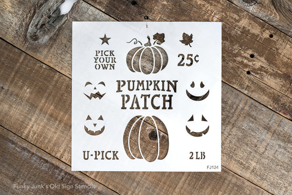 Mini Pumpkin Patch Kit stencil is a 1 sheet stencil of various mix and match pumpkin patch-themed images in compact sizes! Includes Pumpkin Patch, 2 pumpkins, 4 carved Pumpkin face stencils, Pick Your Own, U-Pick, 25 cents, a star, and fall leaf. Designed to create mini wooden pumpkins using the carved faces!