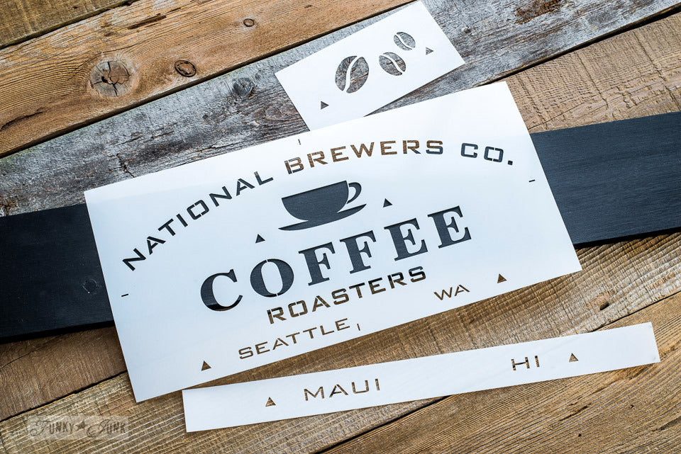 National Brewers Coffee stencil by Funky Junk's Old Sign Stencils is a coffee-themed stencil with a true coffee shop vibe! Styled around a vintage crate, this design includes a coffee cup graphic. Available in 2 sizes, perfect for small or larger rustic coffee signs.