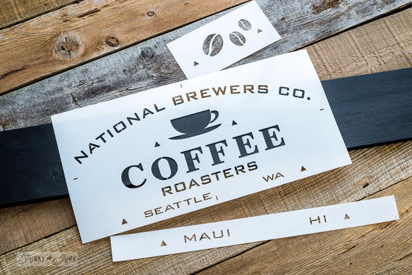 National Brewers Coffee stencil by Funky Junk's Old Sign Stencils is a coffee-themed stencil with a true coffee shop vibe! Styled around a vintage crate, this design includes a coffee cup graphic. Available in 2 sizes, perfect for small or larger rustic coffee signs.