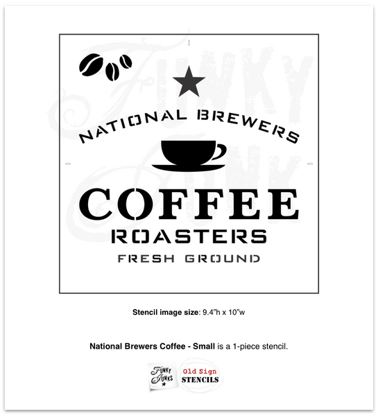 National Brewers Coffee stencil by Funky Junk's Old Sign Stencils is a coffee-themed stencil with a true coffee shop vibe! Styled around a vintage crate, this design includes a coffee cup graphic. Available in 2 sizes, perfect for small or larger rustic coffee signs.
