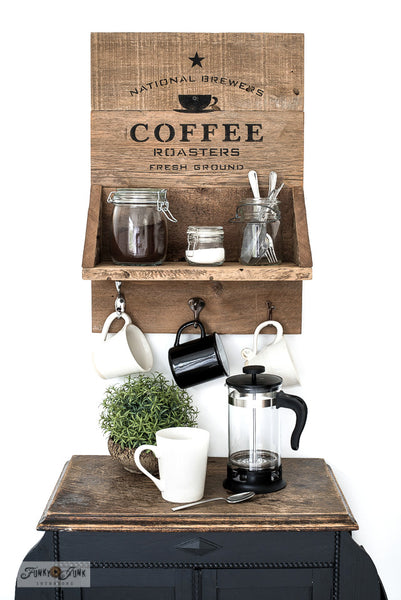 National Brewers Coffee stencil by Funky Junk's Old Sign Stencils is a coffee-themed stencil with a true coffee shop vibe! Styled around a vintage crate, this design includes a coffee cup graphic. Available in 2 sizes, perfect for small or larger rustic coffee signs.