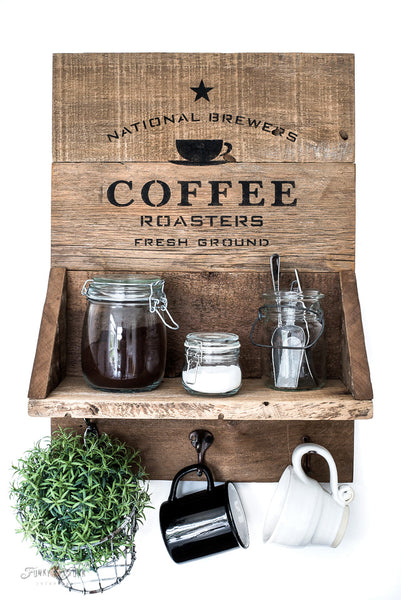 National Brewers Coffee stencil by Funky Junk's Old Sign Stencils is a coffee-themed stencil with a true coffee shop vibe! Styled around a vintage crate, this design includes a coffee cup graphic. Available in 2 sizes, perfect for small or larger rustic coffee signs.