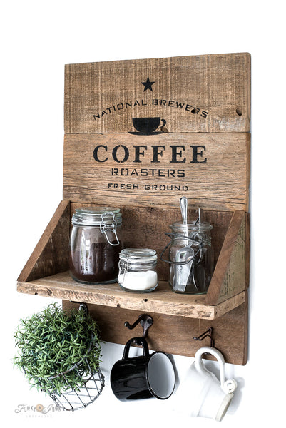 National Brewers Coffee stencil by Funky Junk's Old Sign Stencils is a coffee-themed stencil with a true coffee shop vibe! Styled around a vintage crate, this design includes a coffee cup graphic. Available in 2 sizes, perfect for small or larger rustic coffee signs.