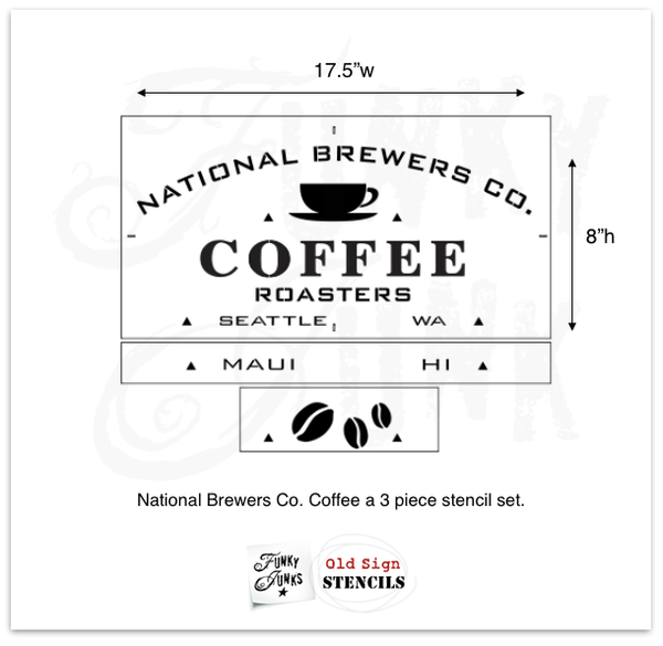 National Brewers Coffee stencil by Funky Junk's Old Sign Stencils is a coffee-themed stencil with a true coffee shop vibe! Styled around a vintage crate, this design includes a coffee cup graphic. Available in 2 sizes, perfect for small or larger rustic coffee signs.