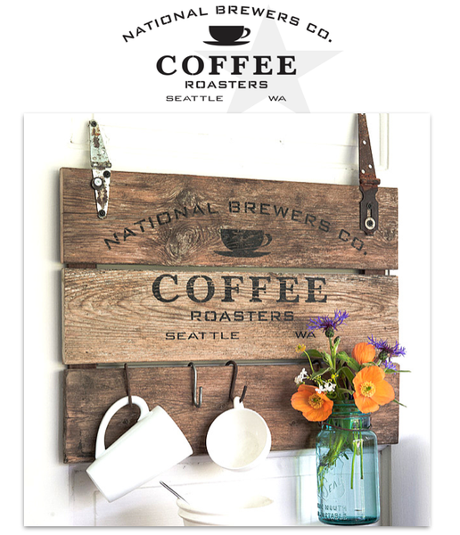National Brewers Coffee stencil by Funky Junk's Old Sign Stencils is a coffee-themed stencil with a true coffee shop vibe! Styled around a vintage crate, this design includes a coffee cup graphic. Available in 2 sizes, perfect for small or larger rustic coffee signs.