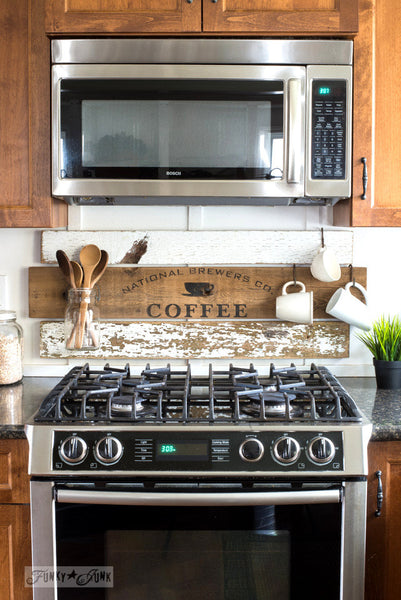 National Brewers Coffee stencil by Funky Junk's Old Sign Stencils is a coffee-themed stencil with a true coffee shop vibe! Styled around a vintage crate, this design includes a coffee cup graphic. Available in 2 sizes, perfect for small or larger rustic coffee signs.