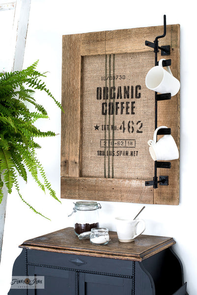 Organic Coffee stencil by Funky Junk's Old Sign Stencils is a coffee bean burlap sack stencil design, perfect for a coffee shop vibe! Team it up with any of our Grain Sack Stripe stencils (sold separately) to get a full authentic take! Stencil on burlap, reclaimed wood, furniture, or any project desired.