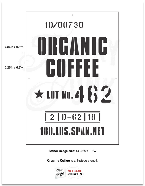 Love a great coffee shop vibe? Recreate the look of an authentic coffee sack or coffee sign with the Organic Coffee stencil by Funky Junk's Old Sign Stencils! Stencil rustic letters or numbers onto any fabric, burlap or wood to instantly create the look of burlap coffee bags, wooden shipping crates or wooden pallets.