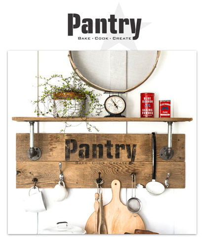 Reclaimed wood and pipe shelf made with Pantry by Funky Junk's Old Sign Stencils. Paint professional looking vintage farmhouse styled pantry signs onto reclaimed wood with a stencil in minutes!