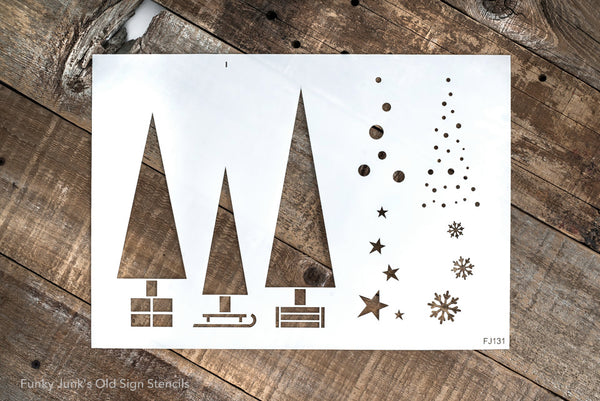 Pencil Christmas Trees stencil by Funky Junk's Old Sign Stencils is a Christmas stencil kit that includes 3 tall skinny rectangle Christmas trees in different sizes, each with its own unique sleigh, present or crate tree skirts. Included are 4 ways to decorate the trees with ornaments, snowfall, stars and snowflakes.