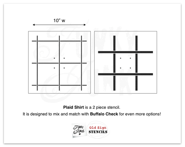 PLAID SHIRT stencil by Funky Junk's Old Sign Stencils is a 2-piece plaid pattern stencil kit designed to get the look of a plaid pattern! This plaid pattern stencil comes with a sheet of thicker and thinner grid lines that overlap, creating a true plaid pattern. For pillows, placemats, table runners, furniture, plus!