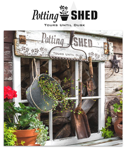 Potting Shed by Funky Junk's Old Sign Stencils. Paint professional looking vintage farmhouse styled garden signs onto reclaimed wood with a stencil in minutes!