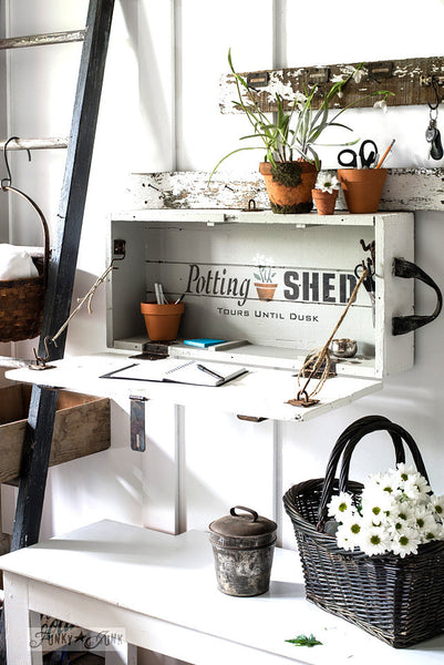 Potting Shed crate design made with Funky Junk's Old Sign Stencils. Paint professional looking vintage farmhouse styled garden signs onto reclaimed wood with a stencil in minutes!