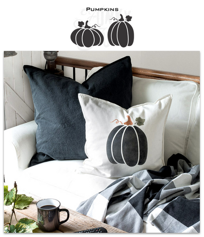Pumpkins stencil by Funky Junk's Old Sign Stencils celebrates fall when the pumpkin fields are ripe for picking that special jack-o-lantern! This stencil comes with two large pumpkins, one wide and the other tall, that compliment each other. They are perfect for stenciling fall throw pillows.