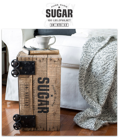 Pure Cane Sugar stencil by Funky Junk's Old Sign Stencils. This stencil is designed as a classic vintage logo with a star graphic, including weights and stamps that will make an impressively authentic crate stamp or grain sack, especially when teamed up with our Grain Sack Stripe stencils!