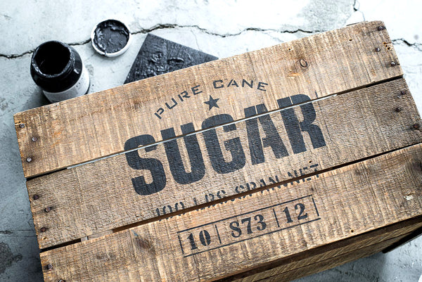 Pure Cane Sugar stencil by Funky Junk's Old Sign Stencils. This stencil is designed as a classic vintage logo with a star graphic, including weights and stamps that will make an impressively authentic crate stamp or grain sack, especially when teamed up with our Grain Sack Stripe stencils!