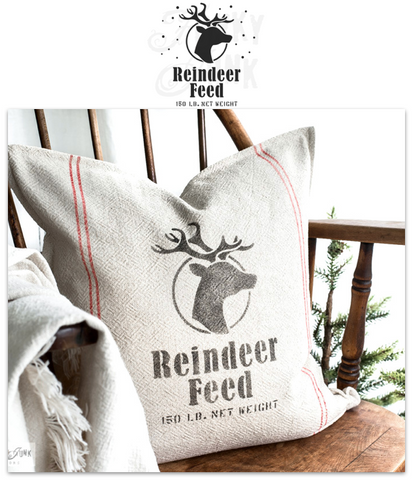 Reindeer Feed is a Christmas-themed stencil designed to mimic a feed grain sack. A reindeer head logo surrounded by gentle falling snow, along with a net weight  makes this one feel like the real deal. Perfect for signs, pillows, gifts, and would look charming as a Santa sack to wrap presents with!