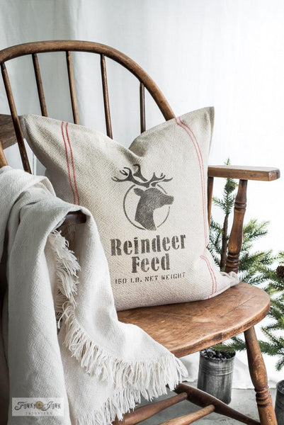 Create a realistic looking grain sack pillow with Reindeer Feed and Grain Sack Stripes with Funky Junk's Old Sign Stencils!