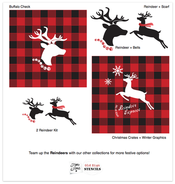 Bring the magic of the holiday season to your projects with our Reindeer stencil collection! There are three reindeer variations to choose from, featuring a deer head with jingle bells, flying deer with scarf, or a deer head and flying duo. So grab the size you need for your projects, and get your jingle on!