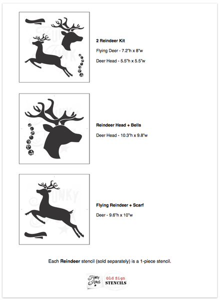 Bring the magic of the holiday season to your projects with our Reindeer stencils! There are three reindeer Christmas stencil variations to choose from, featuring a deer head with jingle bells, flying deer with scarf, or a deer head and flying duo. So grab the size you need for your Christmas projects, and get your jingle on!