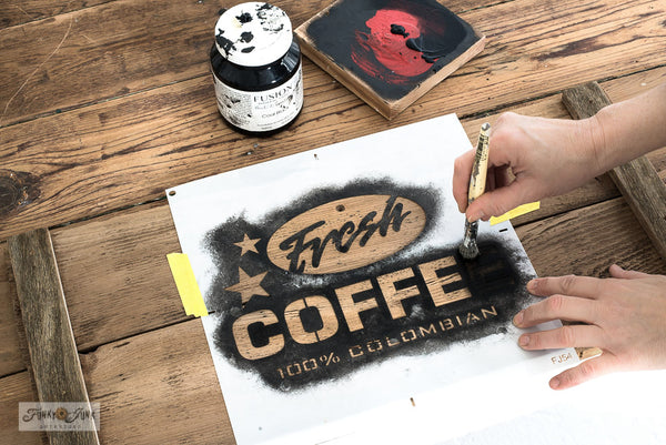 The Fresh Coffee stencil by Funky Junk's Old Sign Stencils celebrates our favorite beverage! Styled as a logo, this coffee stencil design looks fabulous stenciled as a crate stamp, sign, on pillow covers and fits perfectly on most smaller scaled projects.