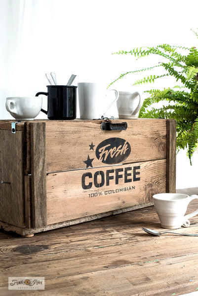 The Fresh Coffee stencil by Funky Junk's Old Sign Stencils celebrates our favorite beverage! Styled as a logo, this coffee stencil design looks fabulous stenciled as a crate stamp, sign, on pillow covers and fits perfectly on most smaller scaled projects.