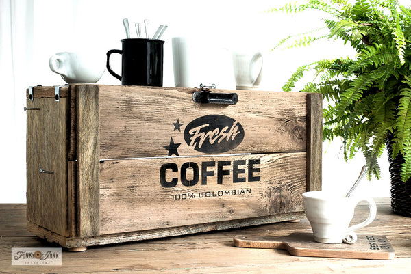 The Fresh Coffee stencil by Funky Junk's Old Sign Stencils celebrates our favorite beverage! Styled as a logo, this coffee stencil design looks fabulous stenciled as a crate stamp, sign, on pillow covers and fits perfectly on most smaller scaled projects.