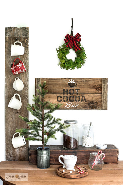 Make a charming rustic Hot Cocoa Bar Christmas sign with Hot Cocoa with Cup from Funky Junk's Old Sign Stencils!